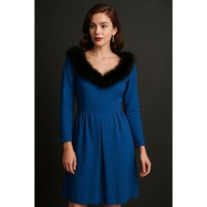 Vintage 1960s Blue Dress with Faux Fur Collar – Inverted Box Pleat Skirt - Med